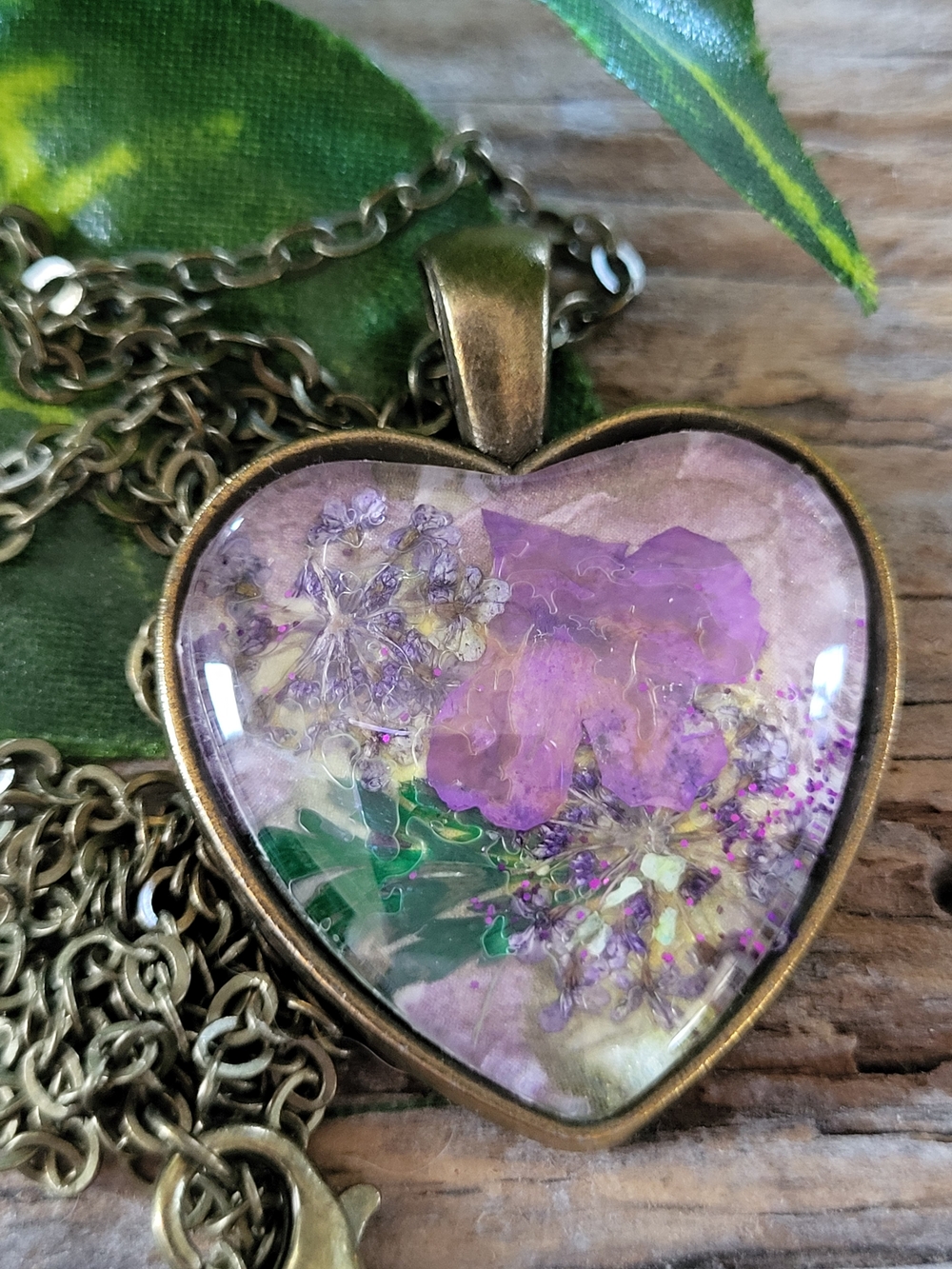 Heart  Necklace with Purple Floral Under Glass Cabachon